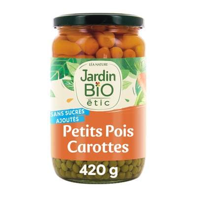 Jardin Bio Etic Petits Pois Très Fins et  Jeunes Carottes Bio sans sucres ajoutés, 420g