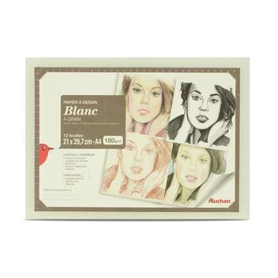 Auchan Pochette papier à dessin blanc 21x29,7 cm, 12 feuilles 180g/m²