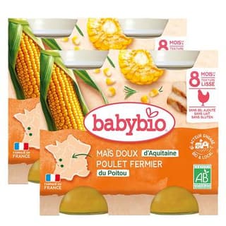 Babybio Maïs doux, Poulet fermier du Poitou Bio Pots Bébé Dès 8 mois, Lot de 2 - 2x200g