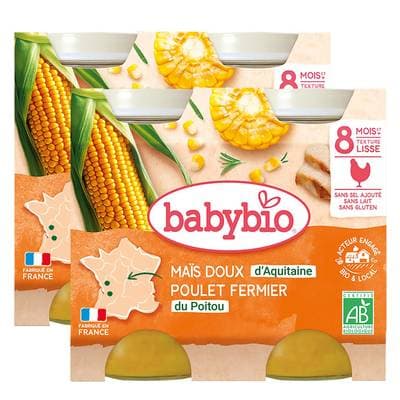 Babybio Maïs doux, Poulet fermier du Poitou Bio Pots Bébé Dès 8 mois, Lot de 2 - 2x200g
