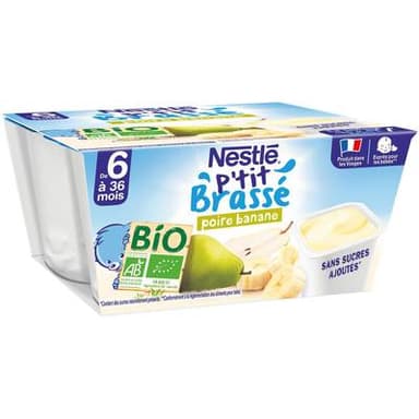 Nestlé - P'tit Brassé Dessert Lacté Banane Poire Bio Coupelle Bébé Dès 6 mois, 4x90g