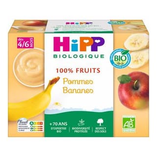 Hipp - 100% Fruits Pommes Bananes Bio Coupelle Bébé Dès 4/6 mois, 4x100g