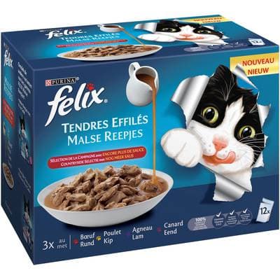 Purina - Félix Sachets en Sauce Tendres Effilés Sélection Campagne 4 variétés pour chat, 12x85g