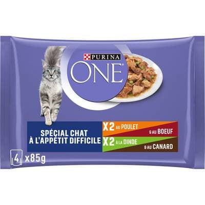 Purina - One Sachet en Sauce Effilés Poulet Bœuf et Dinde Canard Appétit Difficile pour chat, 4x85g