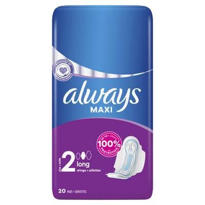 Always Serviettes Hygiéniques avec Ailettes Long Taille 2 Maxi, 20 serviettes