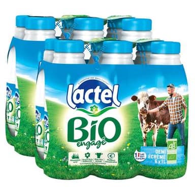Lactel Lait Bio demi-écrémé 1,5% mg, Lot de 2 - 6x1L