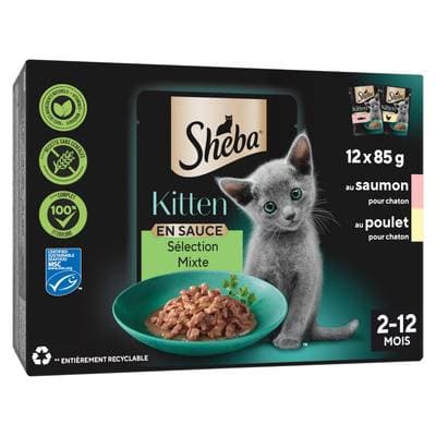 Sheba Sachets Mixte en sauce 2 recettes Saumon MSC et Volaille pour Chaton, 12x85g