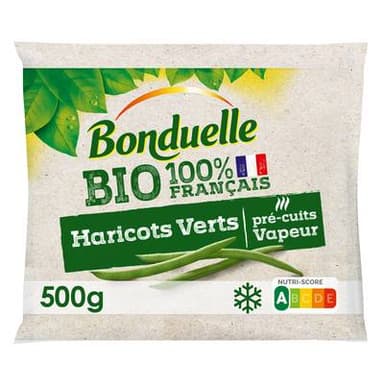 Bonduelle Haricots Verts Bio très fins 100% Français pré-cuits vapeur, 500g