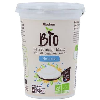 Auchan BIO Fromage blanc au lait demi-écrémé nature bio, 500g