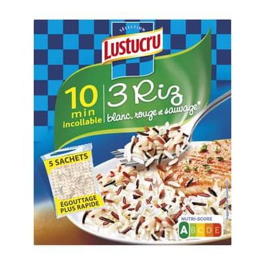 Lustucru Mélange 3 riz Sachet Cuisson - Riz Blanc, Riz rouge, Riz Sauvage, 5x90g