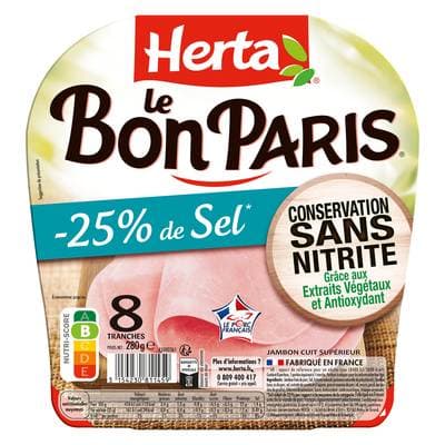 Herta Jambon le Bon Paris Taux de Sel Réduit Conservation Sans Nitrite, 8 tranches - 280g