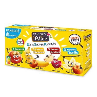 Charles et Alice Gourdes compotes pommes nature pommes bananes pommes cerises pommes vanille, 12x90g