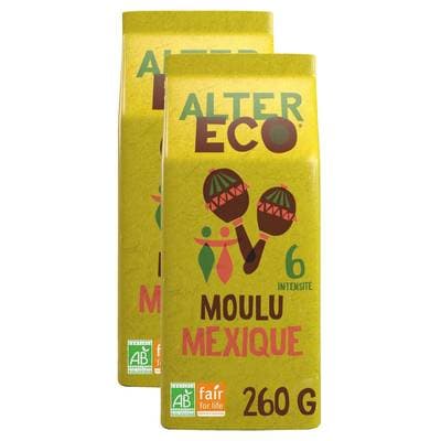 Alter Eco - Commerce Equitable Café moulu Arabica intense et boisé Bio du Mexique, Lot de 2x260g
