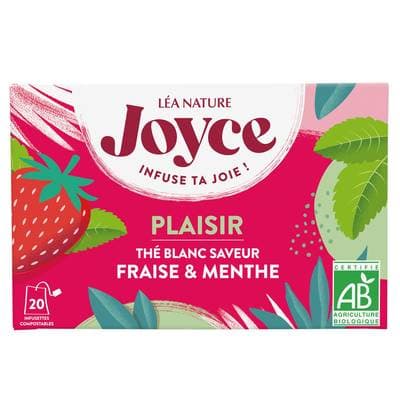 Joyce Thé Blanc Saveur Fraise et  Menthe Bio - Plaisir, 20  sachets