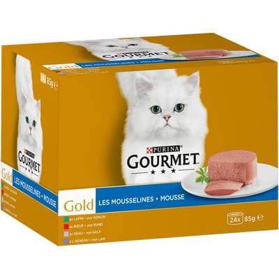 Purina - Gourmet Gold Boites Mousseline Lapin, Bœuf, Agneau, Veau pour chat adulte, 24x85g