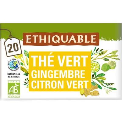 Ethiquable - Commerce Equitable Thé vert gingembre citron vert bio de Ceylan- 20 sachets, 36g