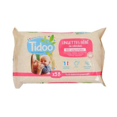 Tidoo Lingette bébé compostable Calendua, 58 lingettes