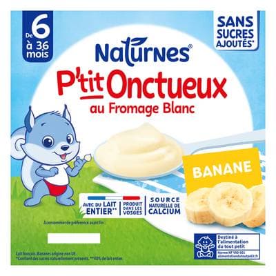 Naturnes® - P'tit Onctueux Dessert Lacté Banane Fromage Blanc Sans Sucres Ajoutés Coupelle Bébé Dès 6 mois, 4x90g