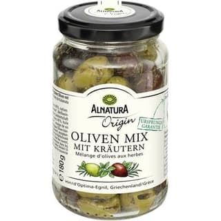 Alnatura Mélange d'Olives vertes et noires de Kalamata aux Herbes Bio sans saumure, 180g