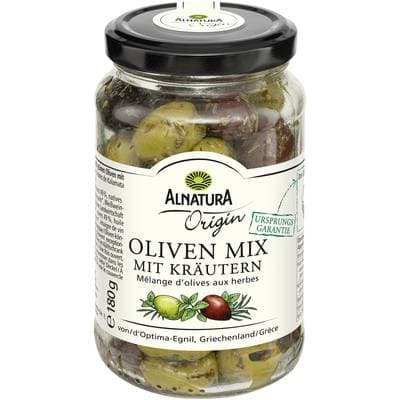 Alnatura Mélange d'Olives vertes et noires de Kalamata aux Herbes Bio sans saumure, 180g