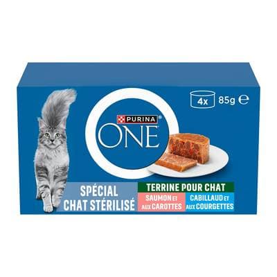 Purina - One Boîtes Terrines au cabillaud saumon et aux légumes pour chat stérilisé, 4x85g
