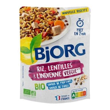 Bjorg Veggie Riz, Lentilles à l'Indienne Plat Cuisiné Bio, 220g