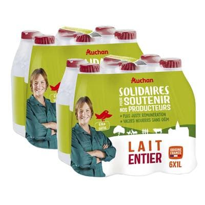 Auchan Solidaires Lait entier UHT, Lot de 2 - 6x1L