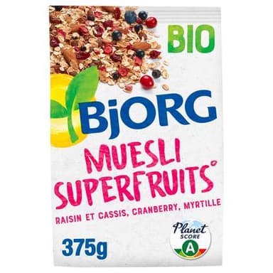 Bjorg Muesli superfruits raisin cassis cranberry myrtille bio, 375g
