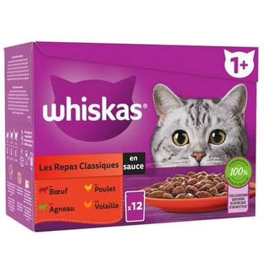 Whiskas Sachets en Sauce Les Repas Classiques 4 Variétés pour Chat Adulte, 12x85g