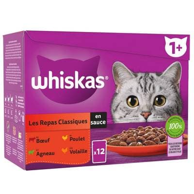 Whiskas Sachets en Sauce Les Repas Classiques 4 Variétés pour Chat Adulte, 12x85g