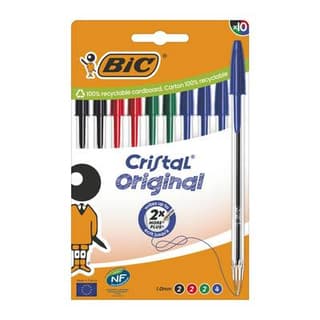 Bic Stylos bille cristal assortis pointe moyenne, 10 stylos couleurs assorties