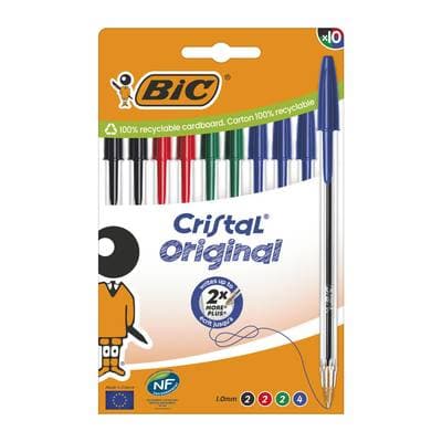 Bic Stylos bille cristal assortis pointe moyenne, 10 stylos couleurs assorties