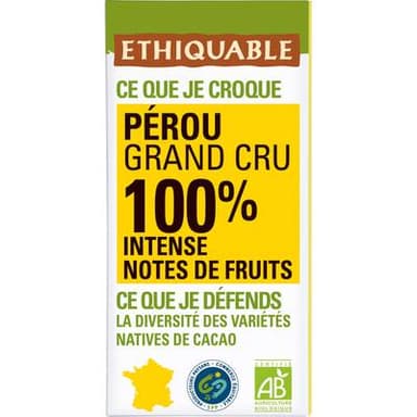 Ethiquable - Commerce Equitable Chocolat noir notes de fruits 100% Cacao Bio du Pérou, 100g