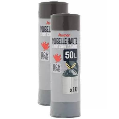 Auchan Sacs poubelle haute avec liens coulissants 50L, Lot de 2x10 sacs poubelle