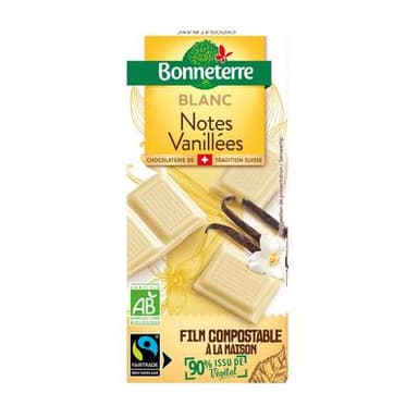 Bonneterre Chocolat blanc Bio, notes vanillées, 80g