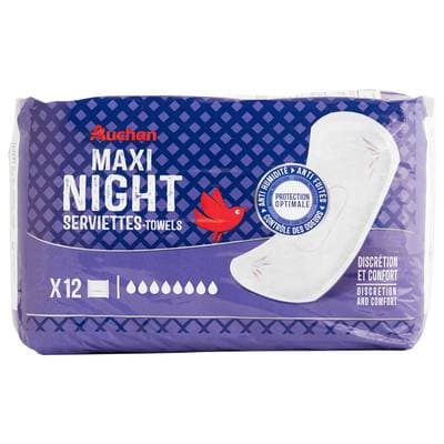 Auchan Maxi night serviettes hygiéniques sans ailettes, 12 serviettes