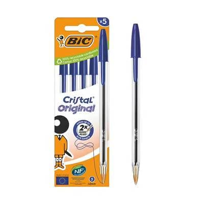 Bic Stylos bille cristal bleu pointe moyenne, 5 stylos
