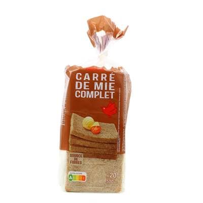 Auchan Pain de Mie Complet Sans Croûte Sans Huile de Palme, 20 tranches - 500g