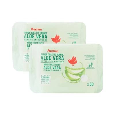 Auchan Lingettes papier toilette humide blanc à l'aloe Vera, Lot de 2x50 lingettes