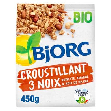 Bjorg Croustillant 3 Noix Céréales Complètes Bio - Noisettes, Amandes, Noix de Cajou complètes, 450g