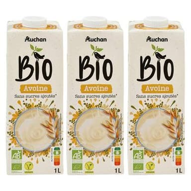 Auchan BIO Avoine sans sucres ajoutés bio boisson végétale, Lot de 3x1L
