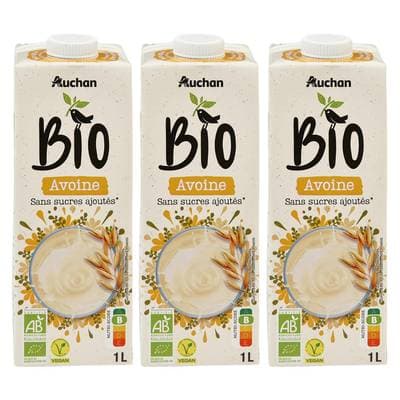 Auchan BIO Avoine sans sucres ajoutés bio boisson végétale, Lot de 3x1L