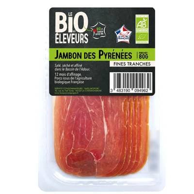 Le Bio des éleveurs Jambon des Pyrénées fines tranches, 80g