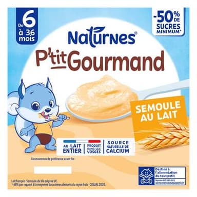 Naturnes® - P'tit Gourmand Dessert lacté Semoule pot bébé dès 6 mois, 4x100g