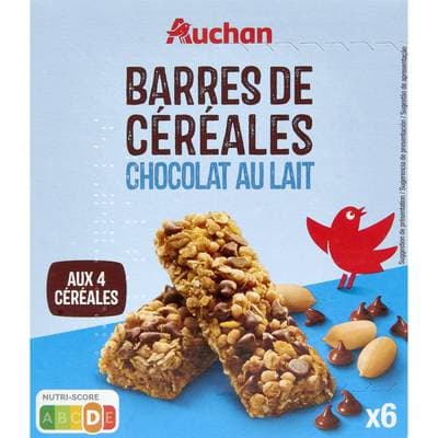 Auchan Barres de céréales chocolat au lait aux 4 céréales, 6 barres