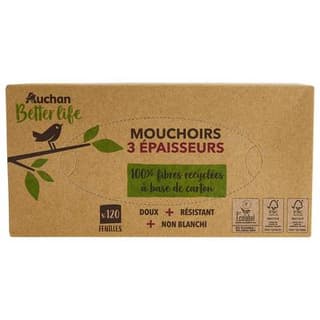 Auchan Better Life Boîte de mouchoirs 3 épaisseurs, 120 mouchoirs