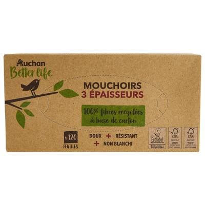 Auchan Better Life Boîte de mouchoirs 3 épaisseurs, 120 mouchoirs