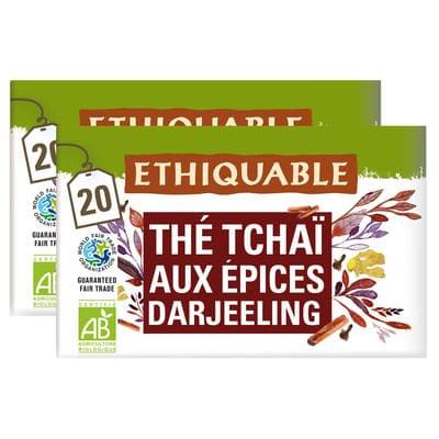 Ethiquable - Commerce Equitable Thé noir Tchaï aux épices Darjeeling Bio, Lot de 2x20 sachets