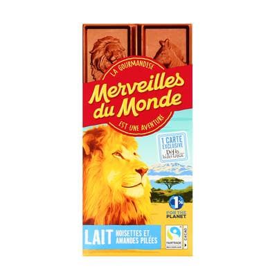 Merveilles du monde Chocolat au lait 30% noisettes et amandes pilées, 100g