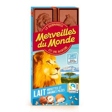 Merveilles du monde Chocolat au lait 30% noisettes et amandes pilées, 100g